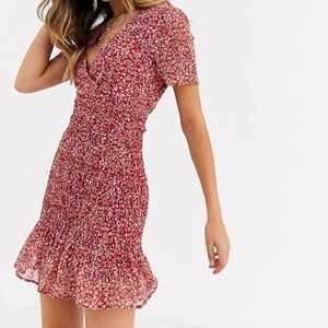 Asos Pull & Bear v neck ditsy floral mini dress in‎ red large